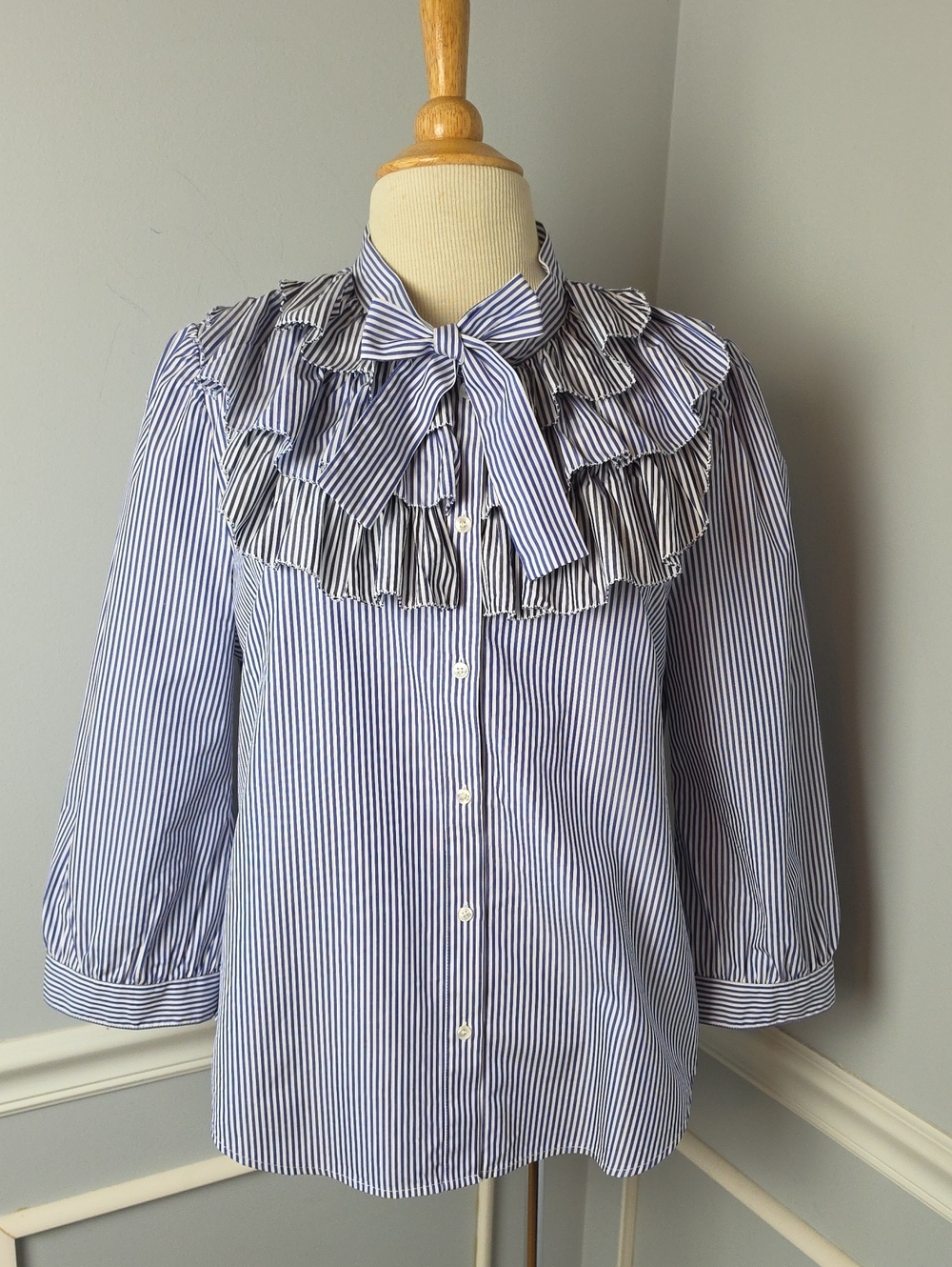 J.CREW Thomas Mason Blue White Contrast Stripes Tiered Ruffle Tie Neck Top 14